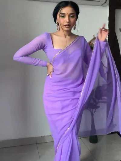 1 Min Lavender Georgette Stitched Readymade Saree