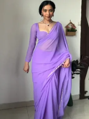 1 Min Lavender Georgette Stitched Readymade Saree