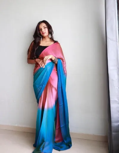 1 Min Pink & Blue Dual Tone Georgette Stitched Readymade Saree