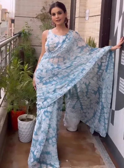 1 Min Powder Blue Digital Print Georgette Stitched Readymade Saree