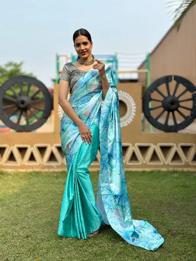 1 Min Premium Satin Silk Digital Print Stitched Readymade Saree