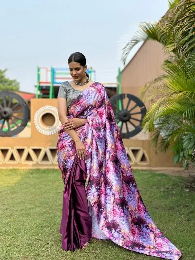 1 Min Premium Satin Silk Digital Print Stitched Readymade Saree