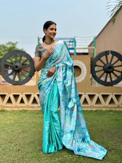 1 Min Premium Satin Silk Digital Print Stitched Readymade Saree