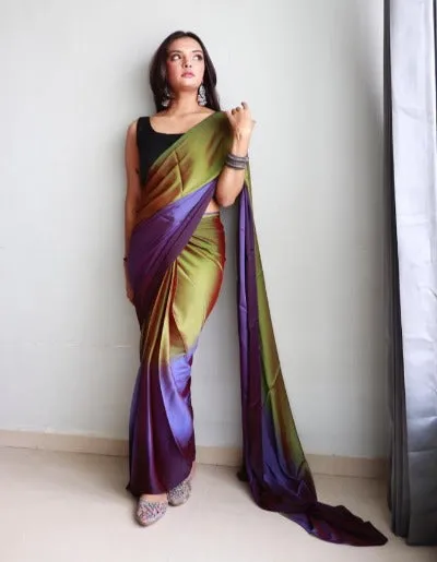 1 Min Purple & Green Dual Tone Georgette Stitched Readymade Saree