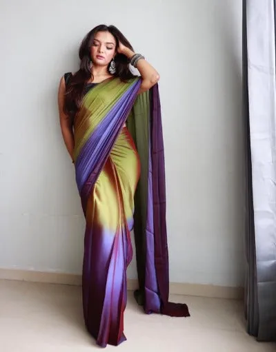 1 Min Purple & Green Dual Tone Georgette Stitched Readymade Saree