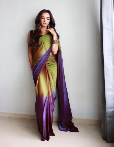 1 Min Purple & Green Dual Tone Georgette Stitched Readymade Saree