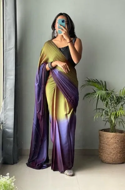 1 Min Purple & Green Dual Tone Georgette Stitched Readymade Saree