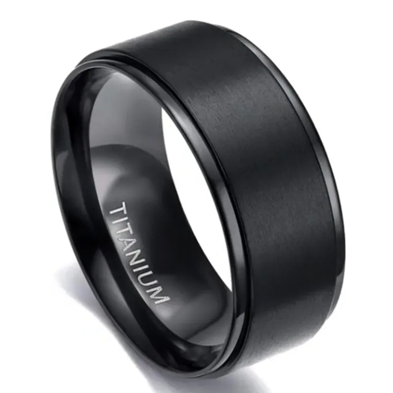 10MM Men's Titanium Ring Wedding Band Black Plated Brushed Top and Grooved Polished Edges