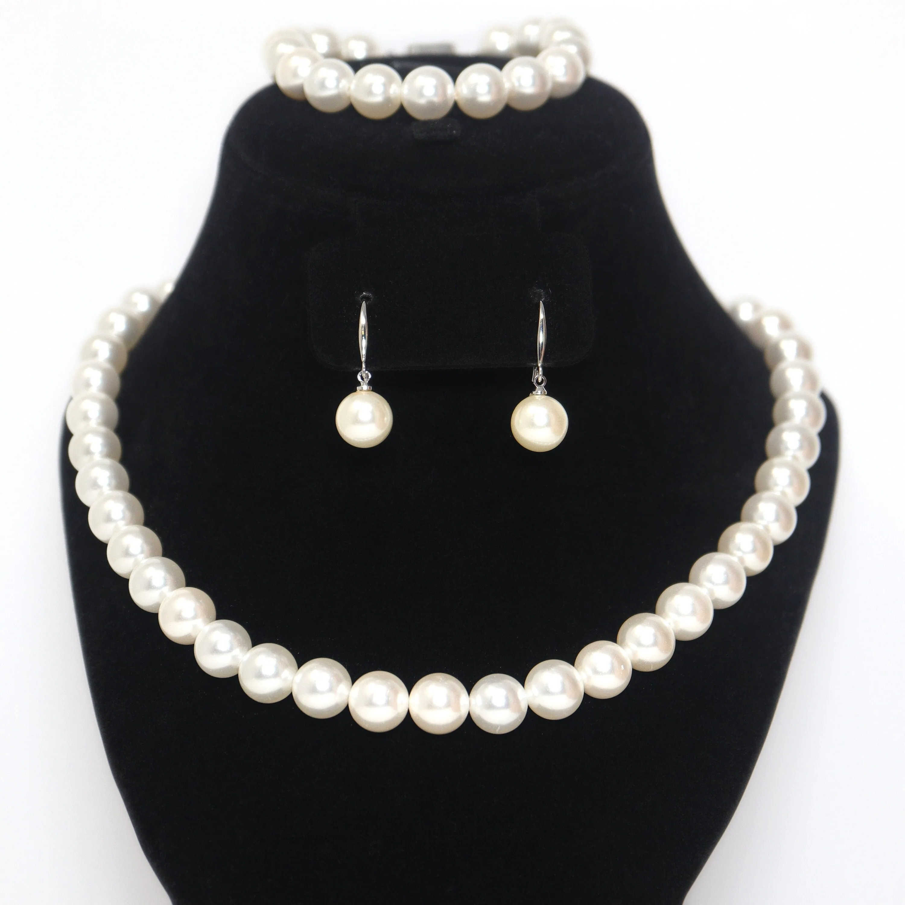 10mm White Faux Pearl Necklace Earring And Bracelet Set, Bridal Jewelry, Bridal Earrings And Necklace, Statement Earrings Necklace Set.