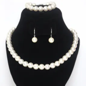 10mm White Faux Pearl Necklace Earring And Bracelet Set, Bridal Jewelry, Bridal Earrings And Necklace, Statement Earrings Necklace Set.