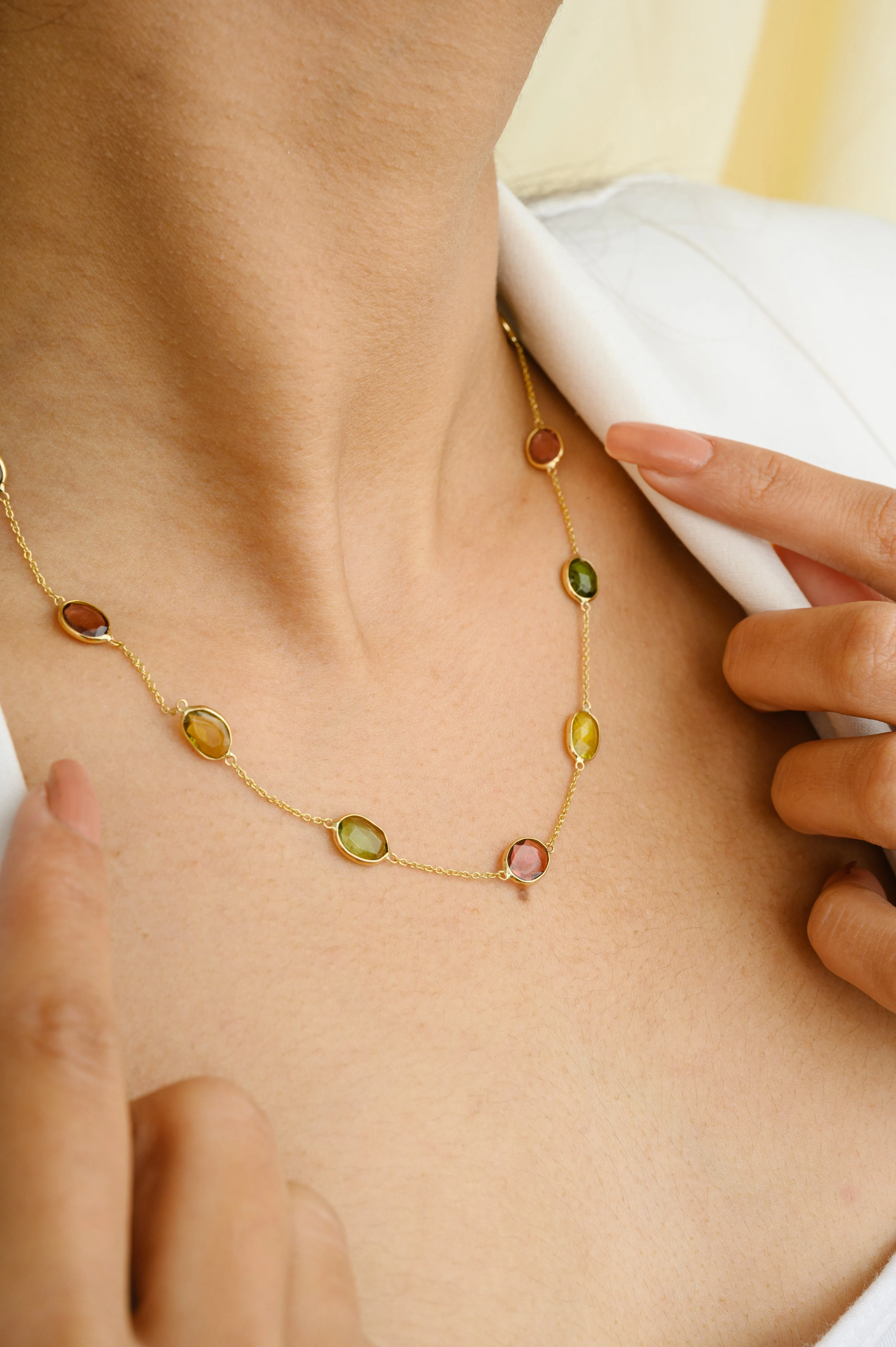 18K Gold Tourmaline Gemstone Station Necklace