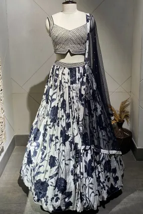 310056 White Navy Floral Lehenga With Embroidered Blouse