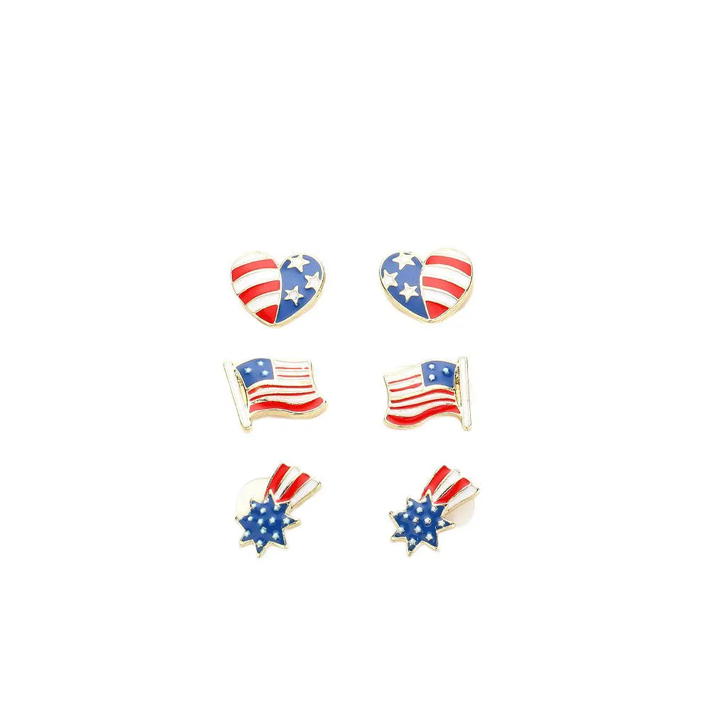 3PAIRS American USA Flag Theme Enamel Stud Earrings Set