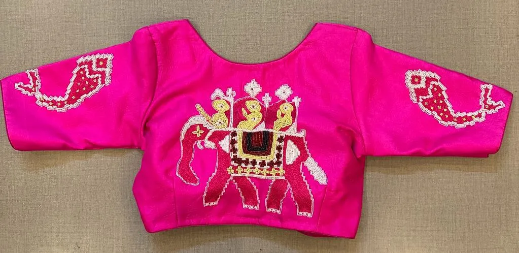 50V386-RO Bright Pink Hand Embroidered Saree Blouse