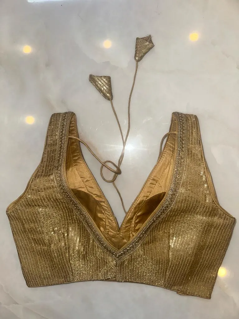 50V444-RO Golden Shimmer Sari Blouse With Sequin Lace