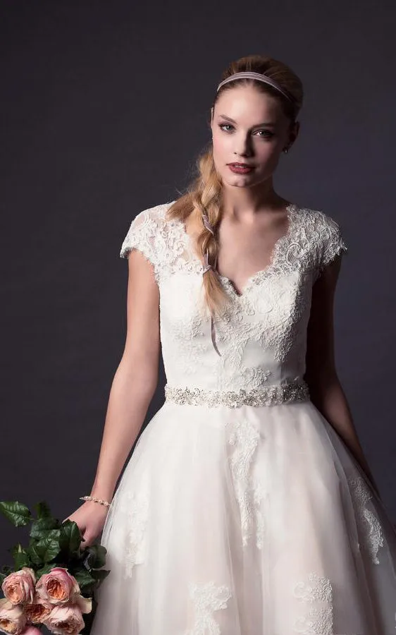 A-Line Mini V-Neck Bell Cap Appliques Button Tulle Lace Dress-713462