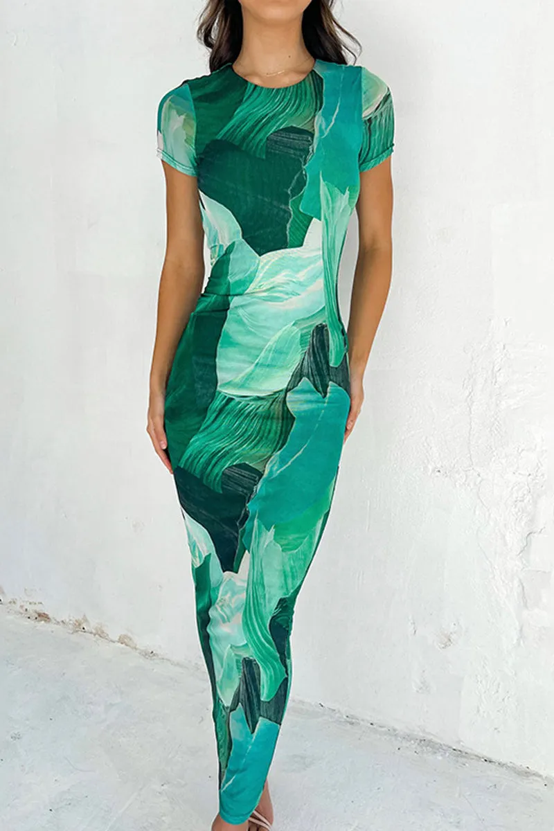 Abstract Print Short Sleeve Bodycon Maxi Dress