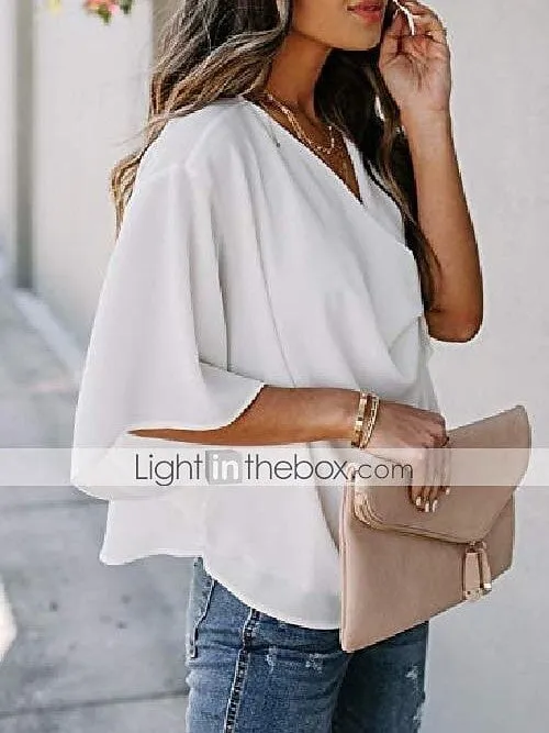 Almond Black and White Women's V-Neck Long Sleeve Blouse