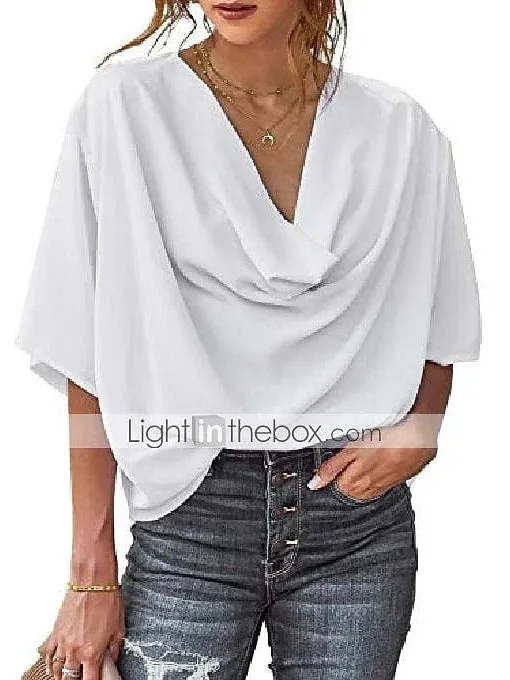 Almond Black and White Women's V-Neck Long Sleeve Blouse