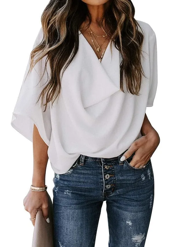 Almond Black and White Women's V-Neck Long Sleeve Blouse