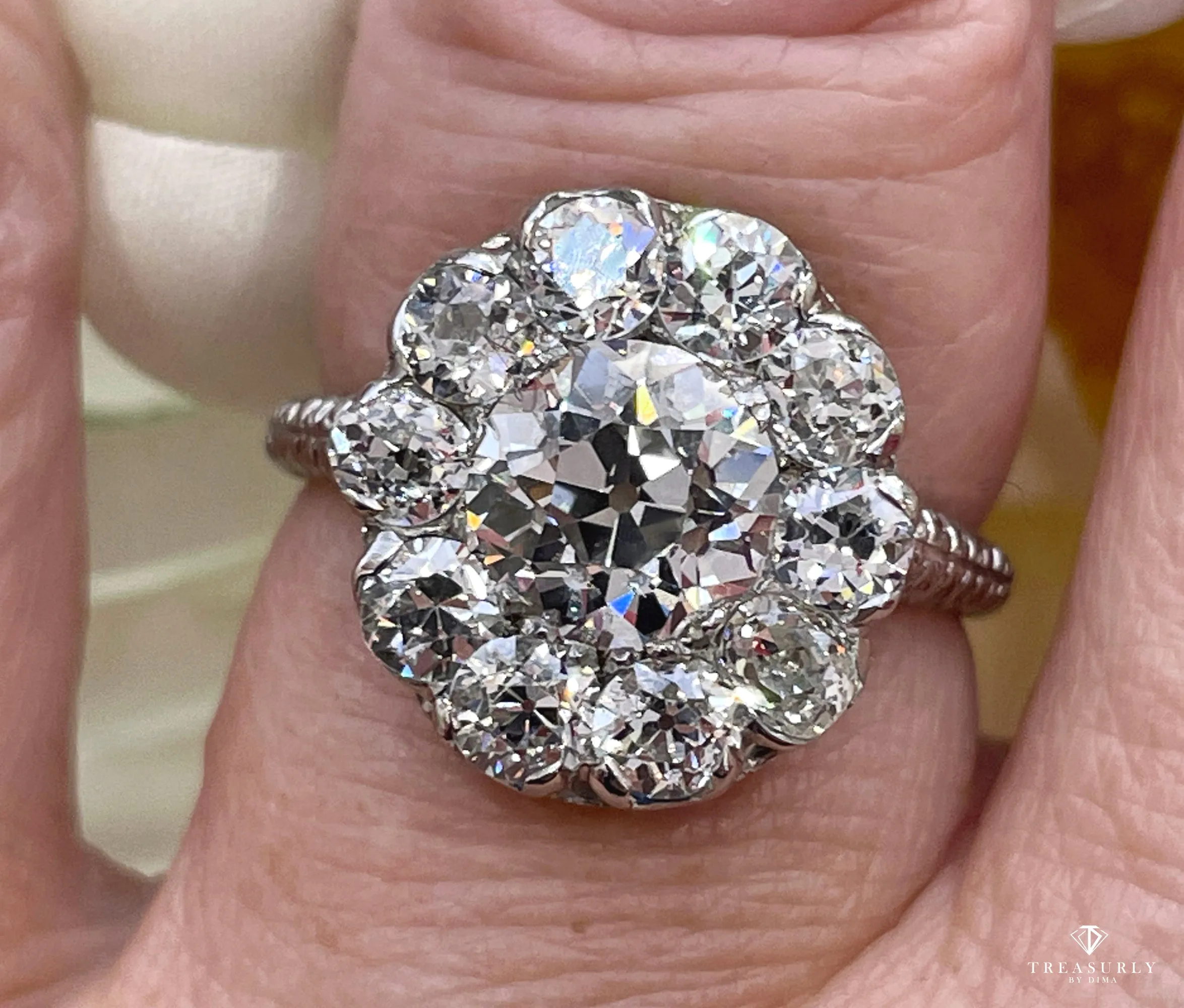 Antique Edwardian 1900s GIA H-VS2 3.38ctw OLD European Cut Diamond Cluster Platinum Ring