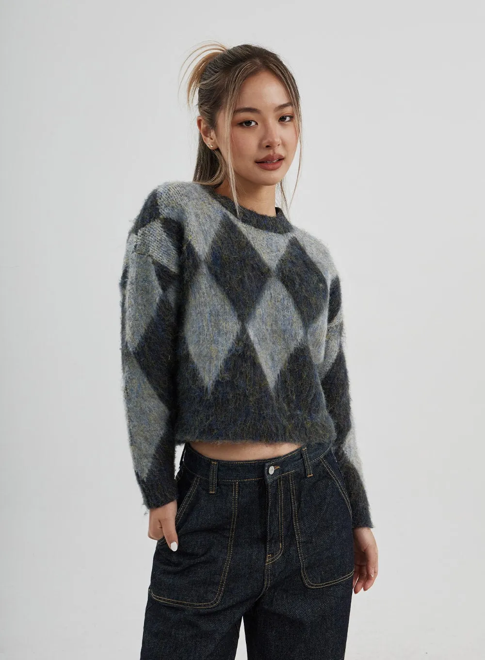 Argyle Pattern Cropped Sweater CJ313