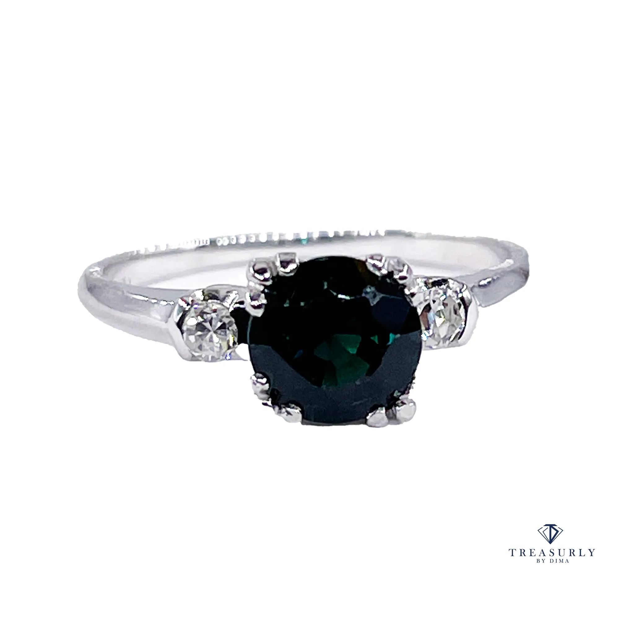 Art Deco 1.34ct Solitaire Round Green Sapphire & Diamond Wedding 18K Vintage Antique Ring