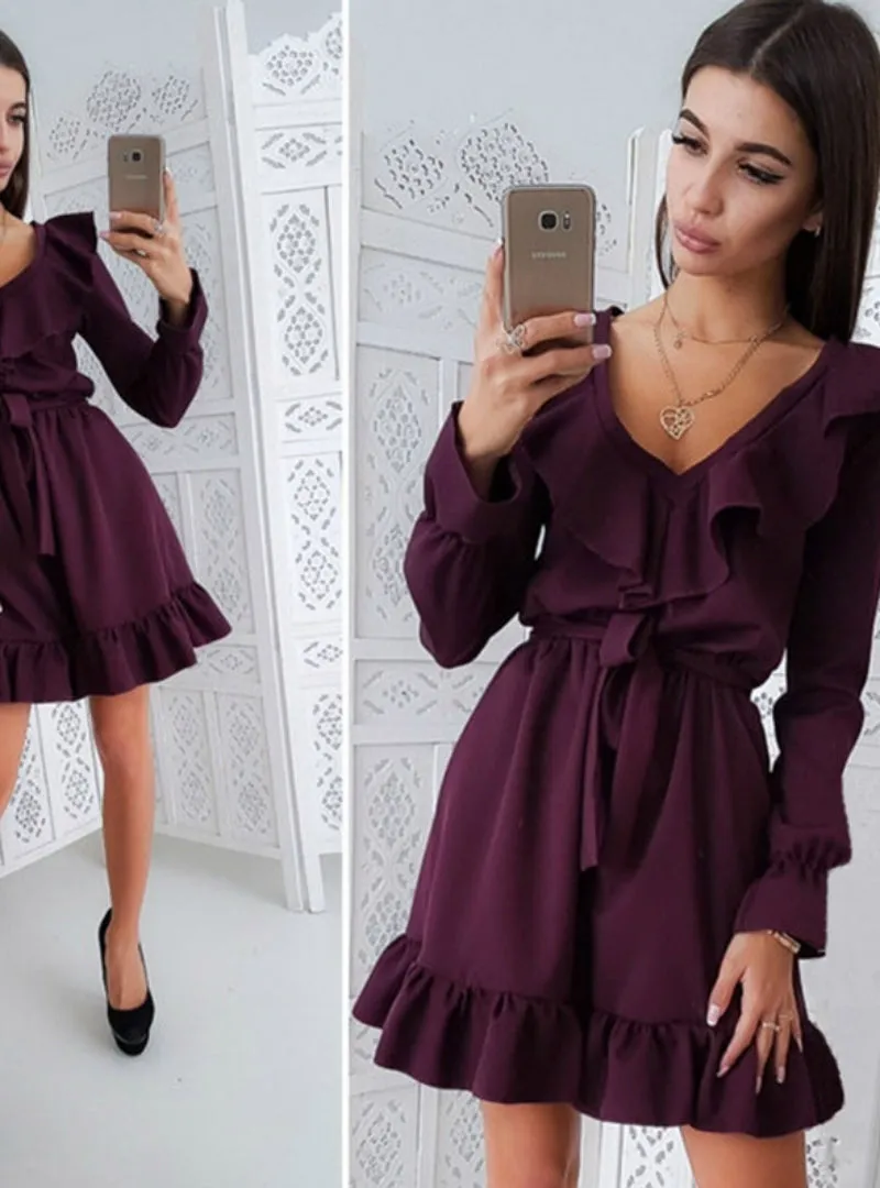 Autumn Solid Color Ruffles Sashes Women Dress