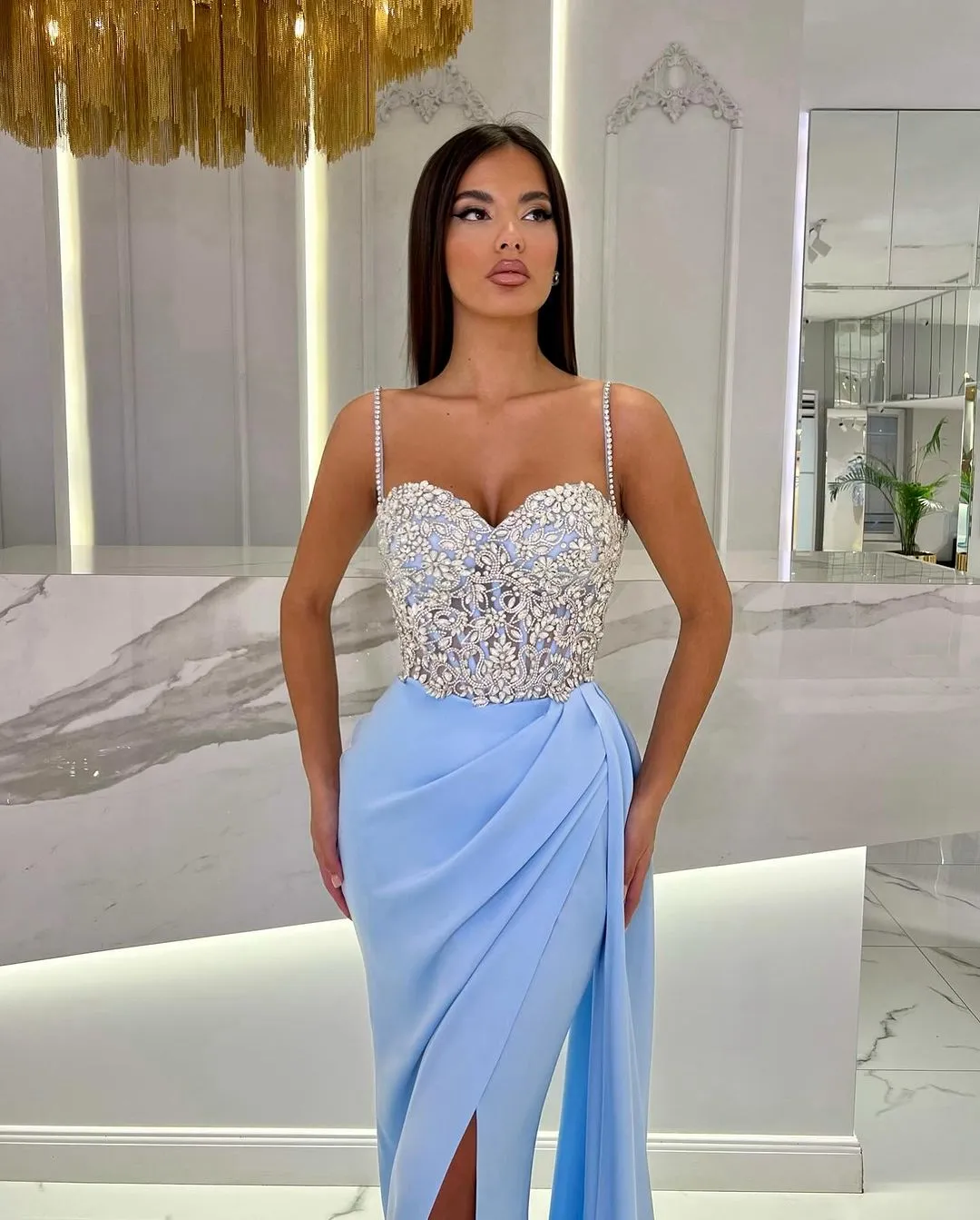 Baby Blue Prom Dress with High Slit Spaghetti Straps Sweetheart Neckline and Appliques