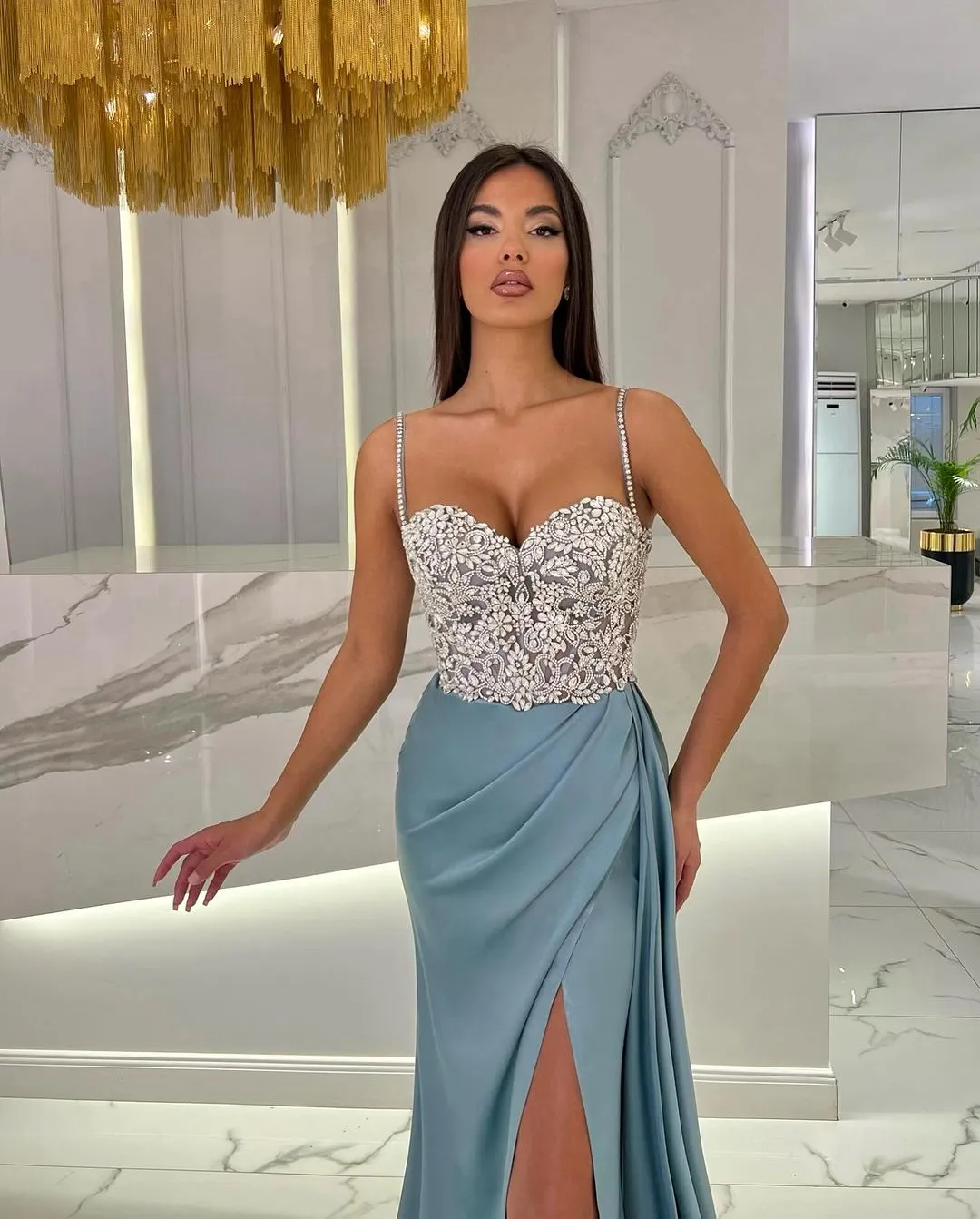 Baby Blue Prom Dress with High Slit Spaghetti Straps Sweetheart Neckline and Appliques