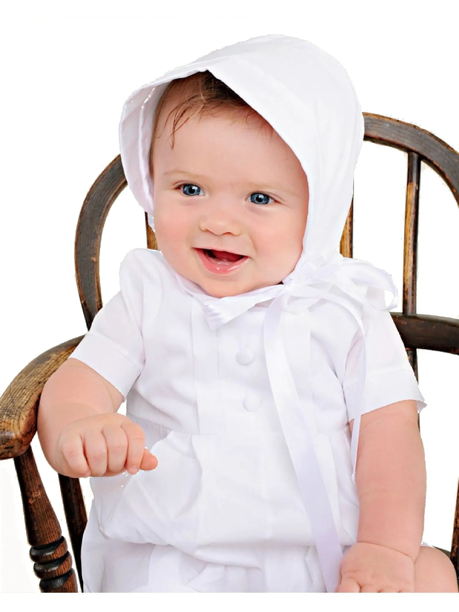 Baby Boys White Pleated Bodice Short Sleeve Baptism Romper Hat Set 0-24M