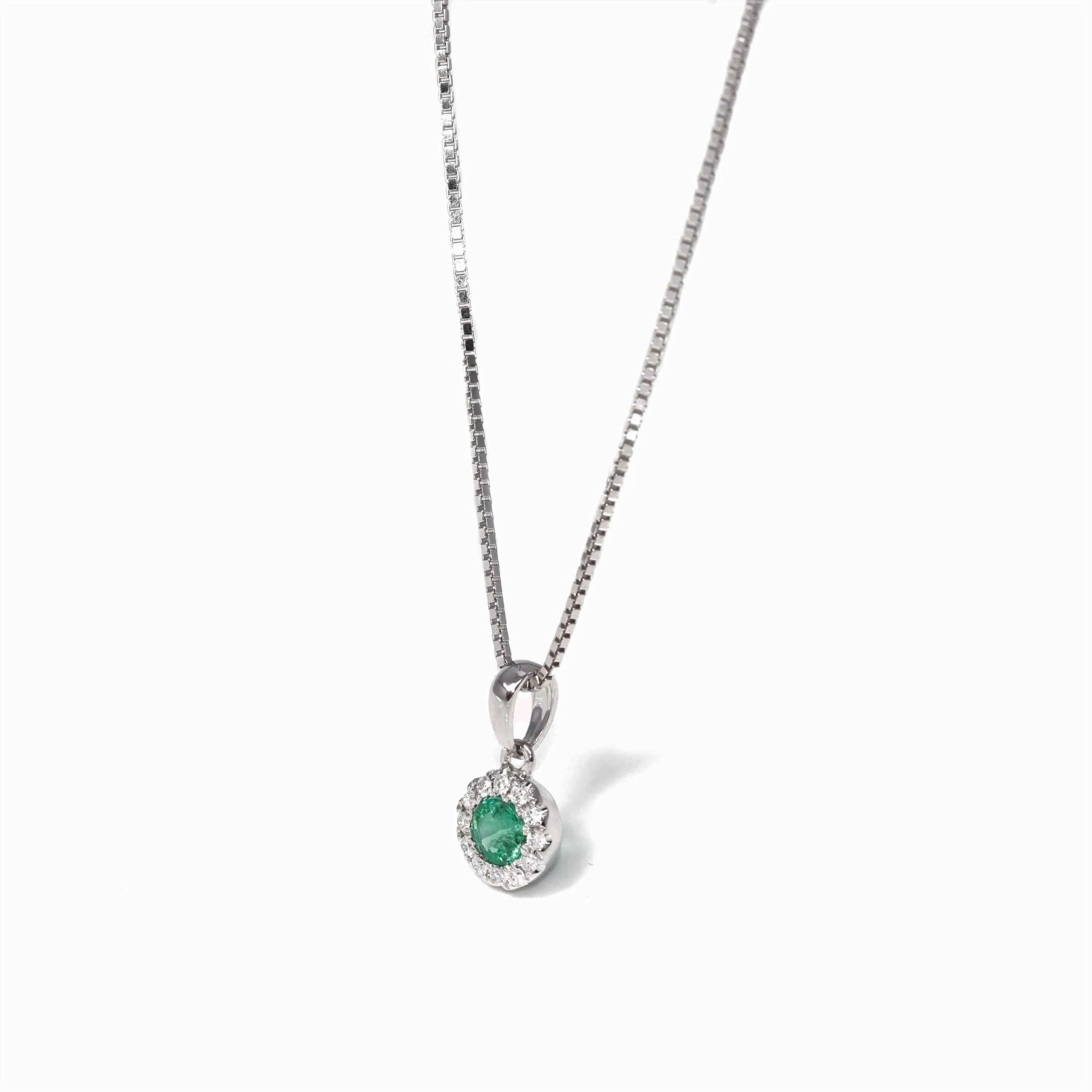 Baikalla? 14k White Gold Emerald Round 4 Prong Set Necklace With Diamond Halo