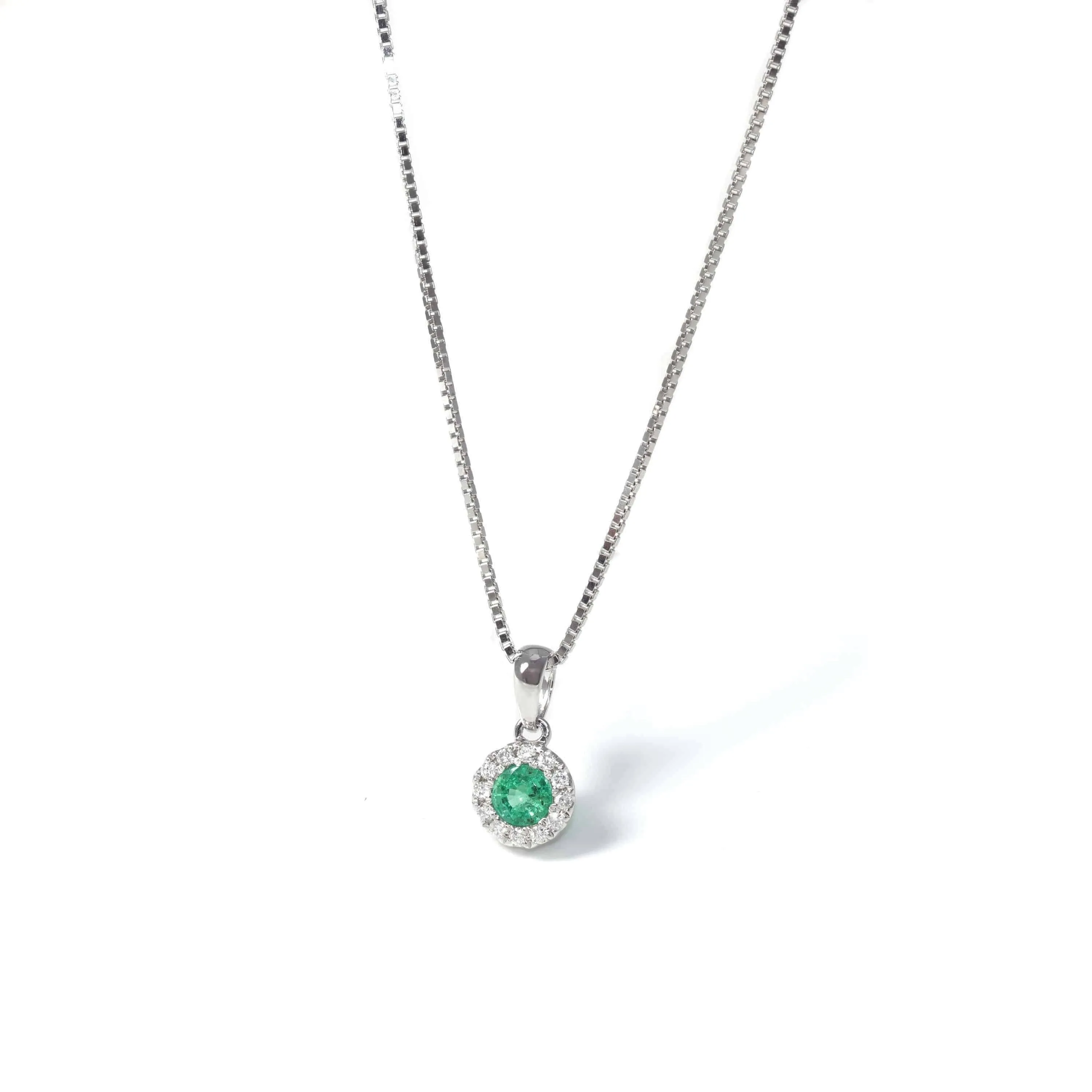 Baikalla? 14k White Gold Emerald Round 4 Prong Set Necklace With Diamond Halo