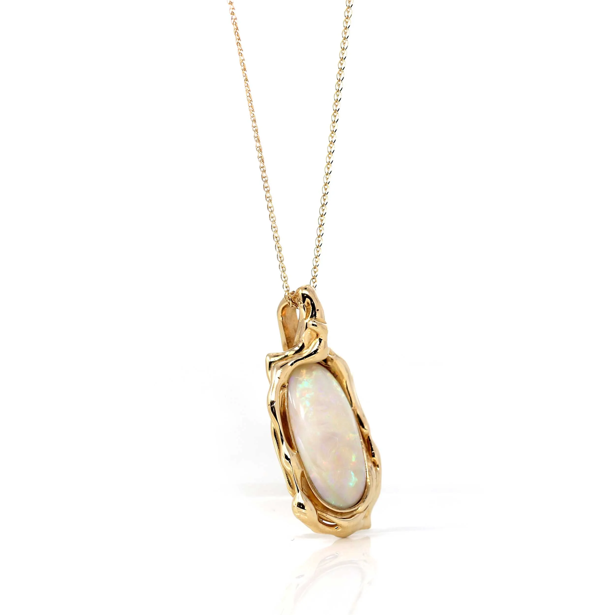 Baikalla 14k Yellow Gold Freeform Australian White Opal Bezel Set Necklace