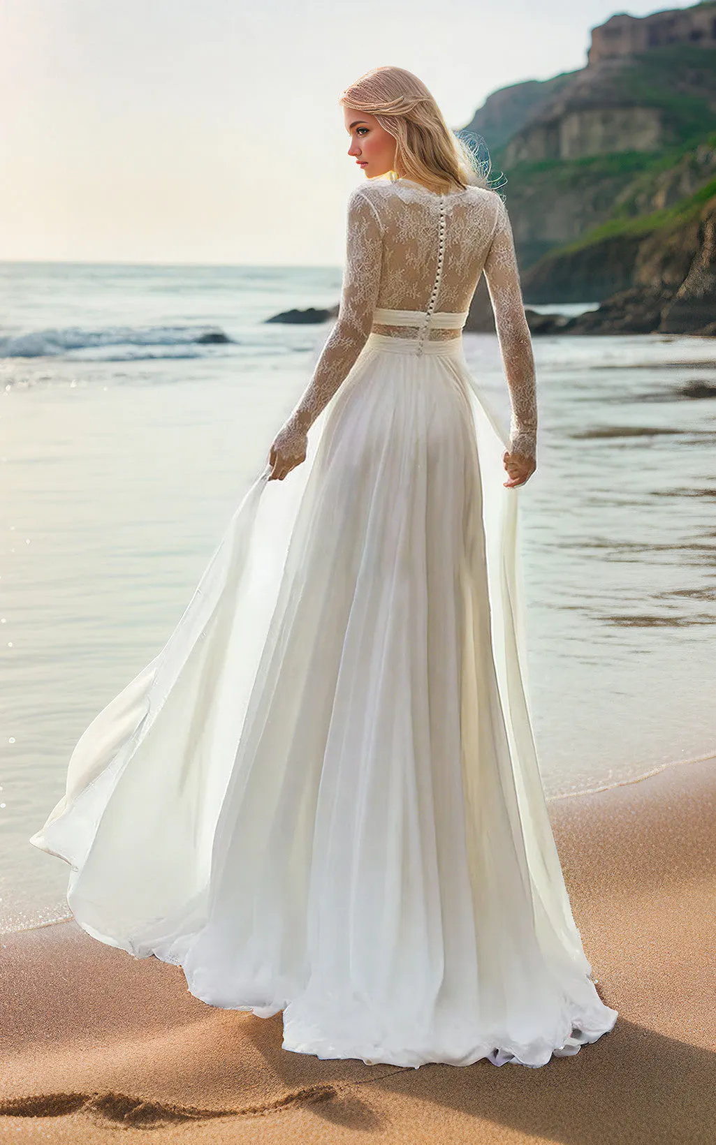 Beach Sexy Boho A-Line V-Neck Sleeved Wedding Dress Elopement Elegant Floral Chiffon Floor-Length Bridal Gown with Button Back