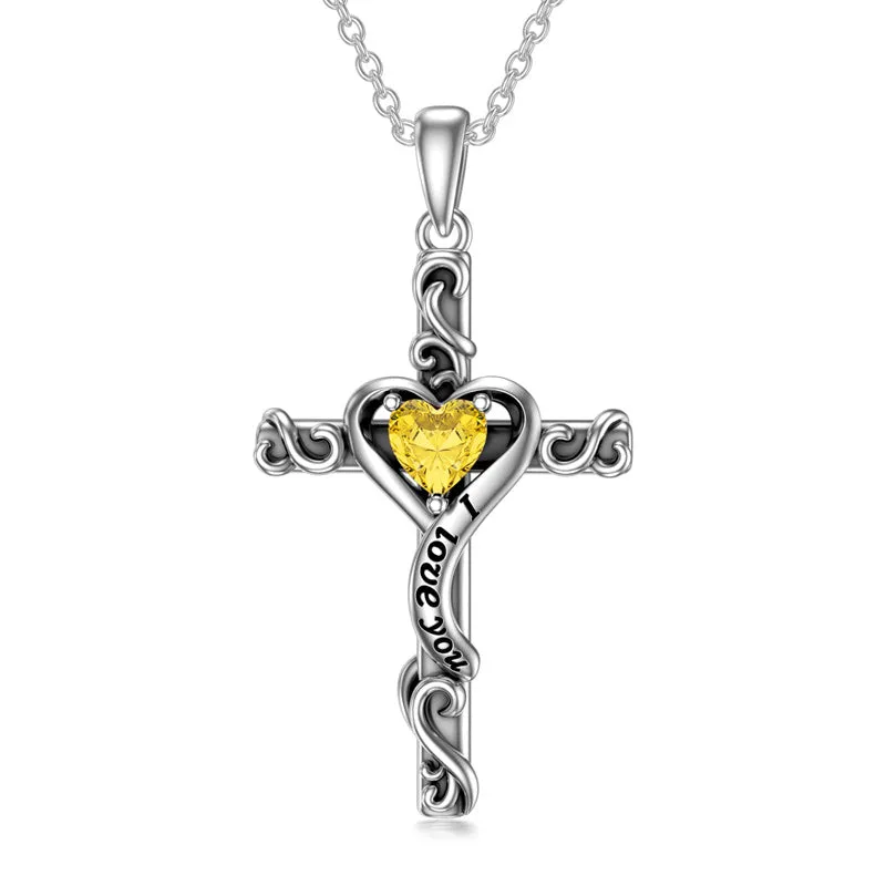 Birthstone Cross Necklaces for Women Sterling Silver I Love You Heart Cross Pendant Necklace