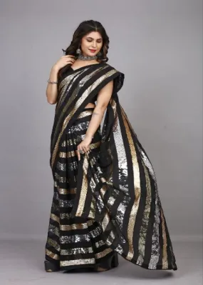 Black & Gold Georgette Sequins Work Designer Saree