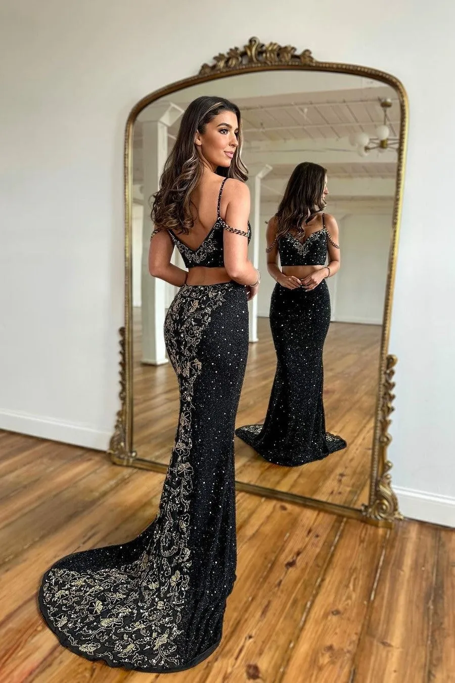 Black Mermaid Two-Piece Prom Gown with Delicate Beading