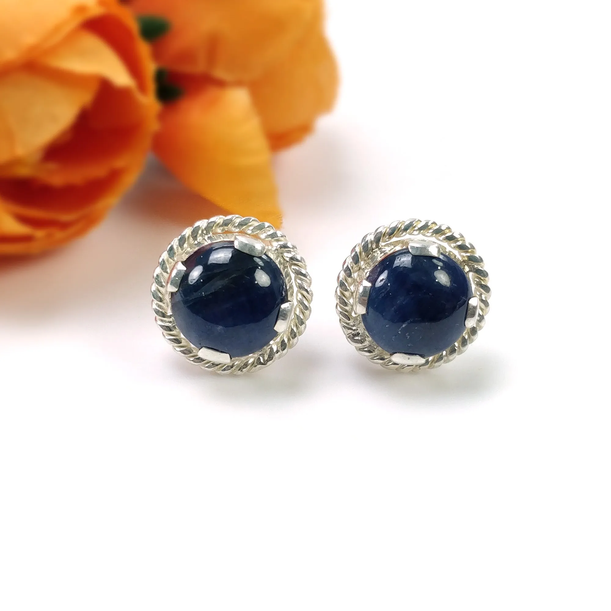 BLUE SAPPHIRE Gemstone 925 Sterling Silver Earring : 5.920gms Natural Untreated Round Prong Set Push Back Stud Earrings 0.75"