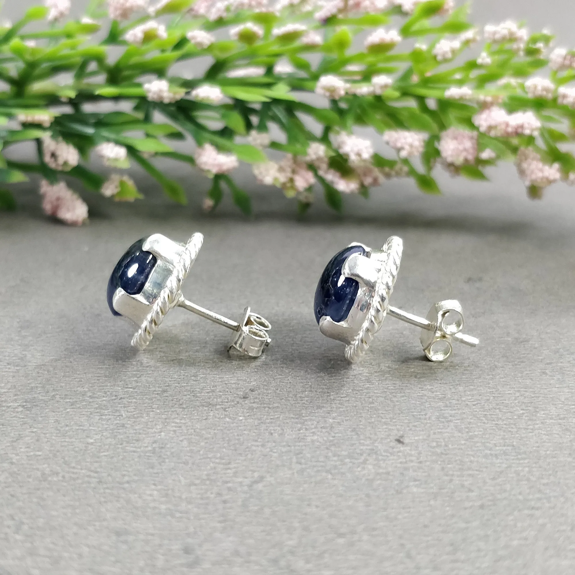 BLUE SAPPHIRE Gemstone 925 Sterling Silver Earring : 5.920gms Natural Untreated Round Prong Set Push Back Stud Earrings 0.75"