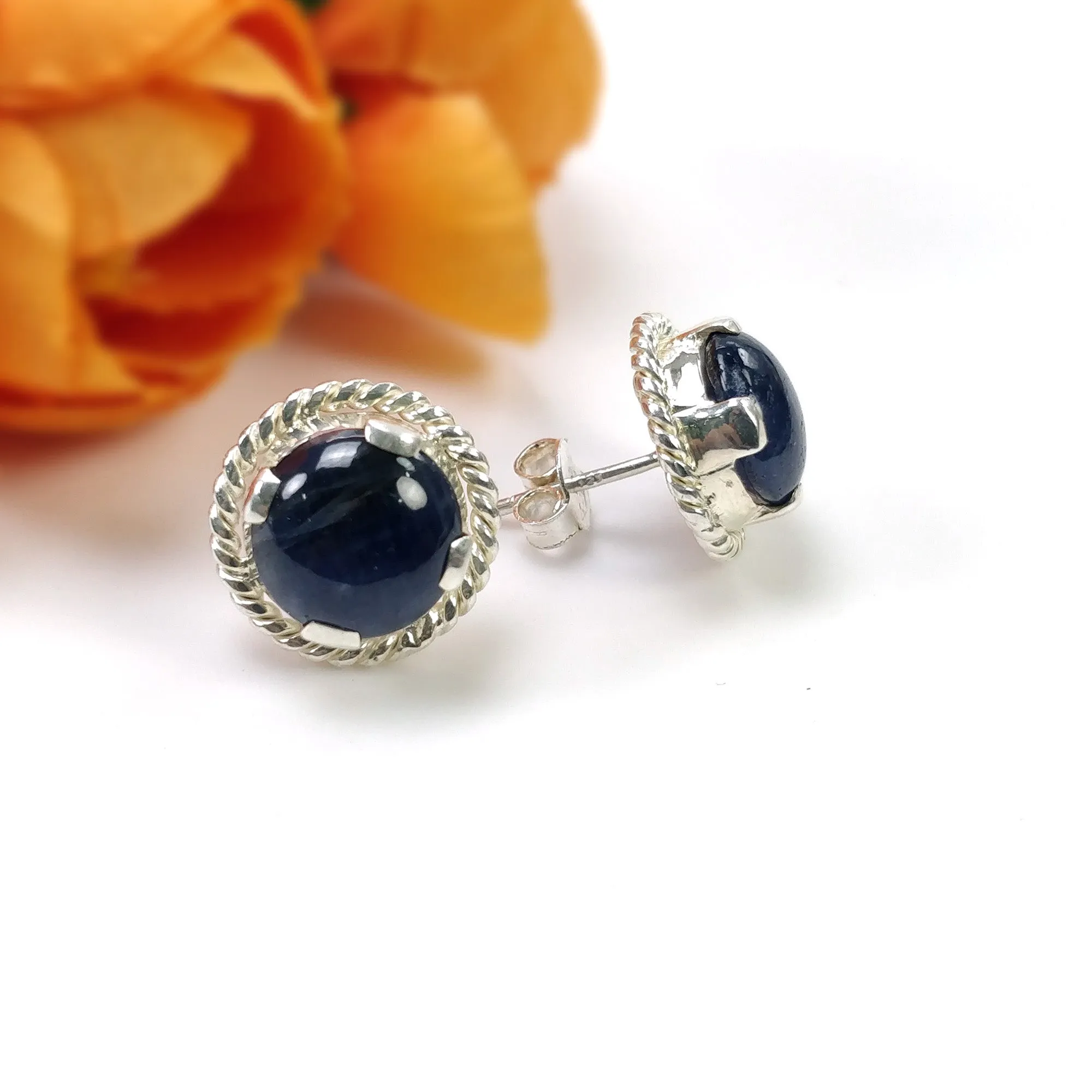 BLUE SAPPHIRE Gemstone 925 Sterling Silver Earring : 5.920gms Natural Untreated Round Prong Set Push Back Stud Earrings 0.75"