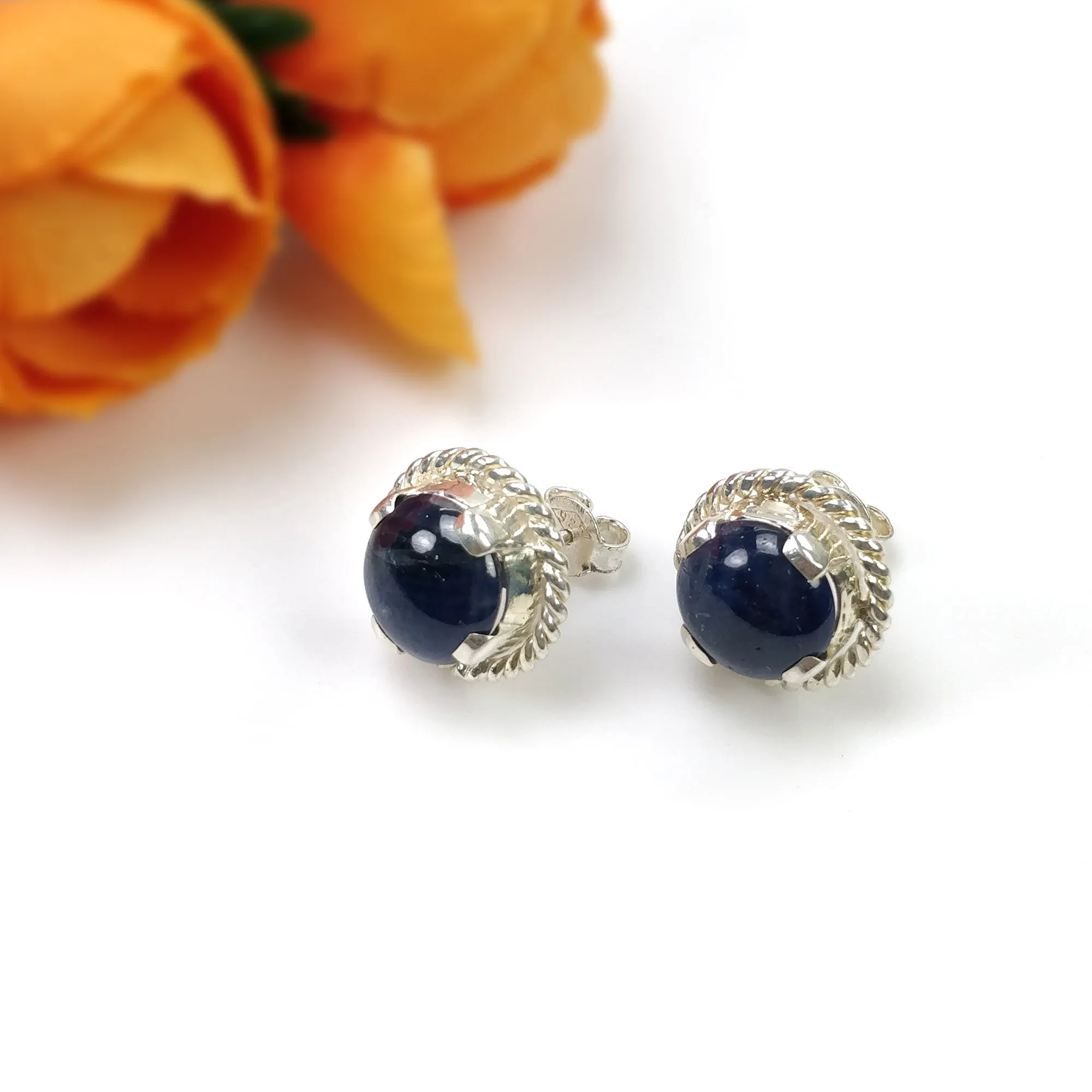 BLUE SAPPHIRE Gemstone 925 Sterling Silver Earring : 5.920gms Natural Untreated Round Prong Set Push Back Stud Earrings 0.75"