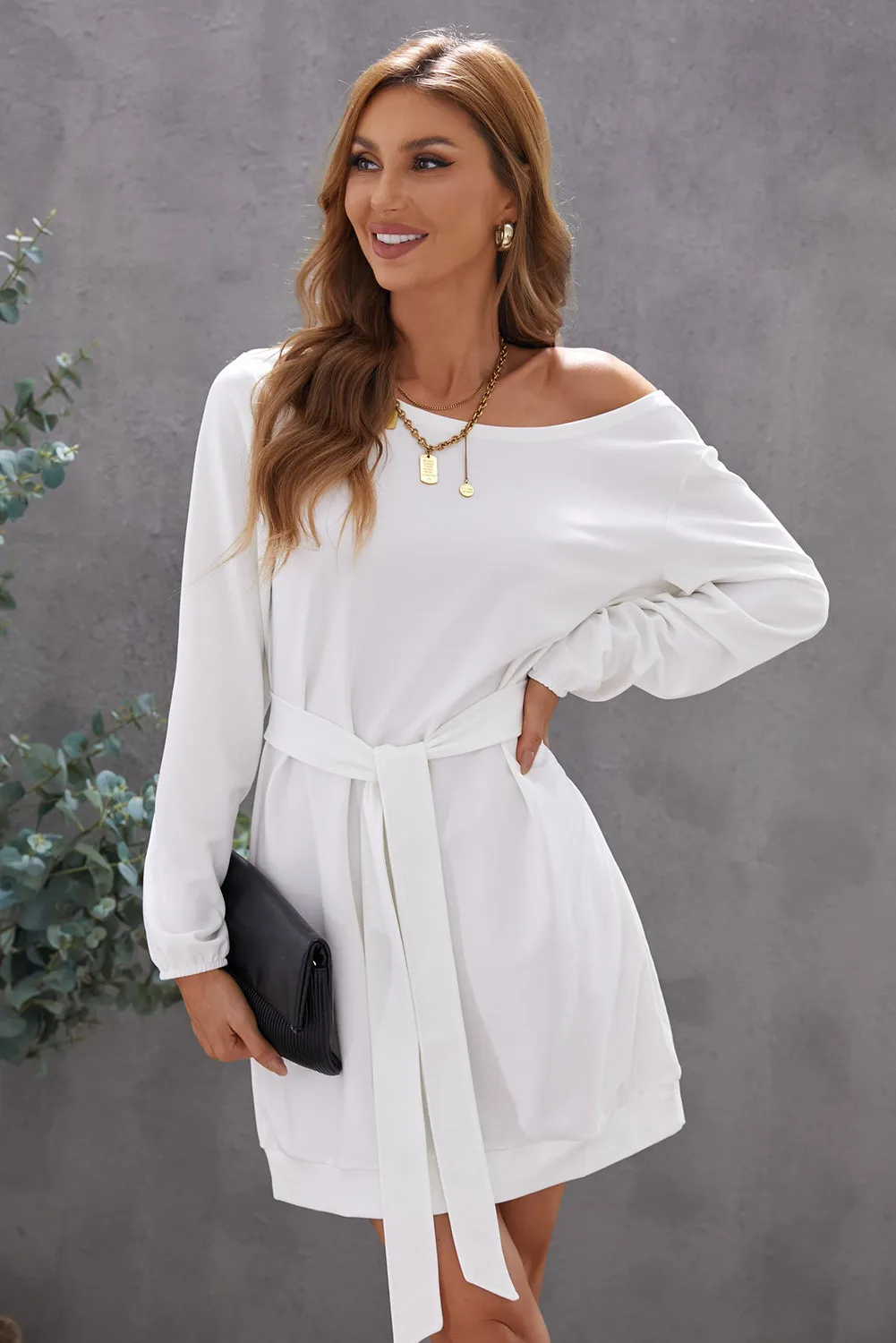 Boat Neck Belted Long Sleeve Dress