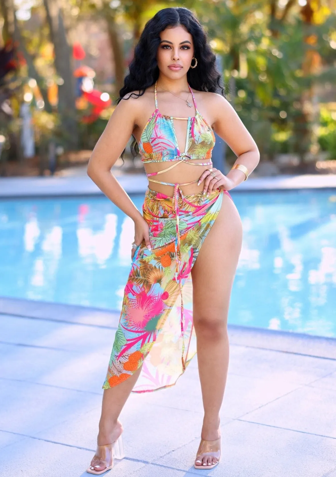 Brooke Tropical Print Bikini And Cover Up Skirt Set