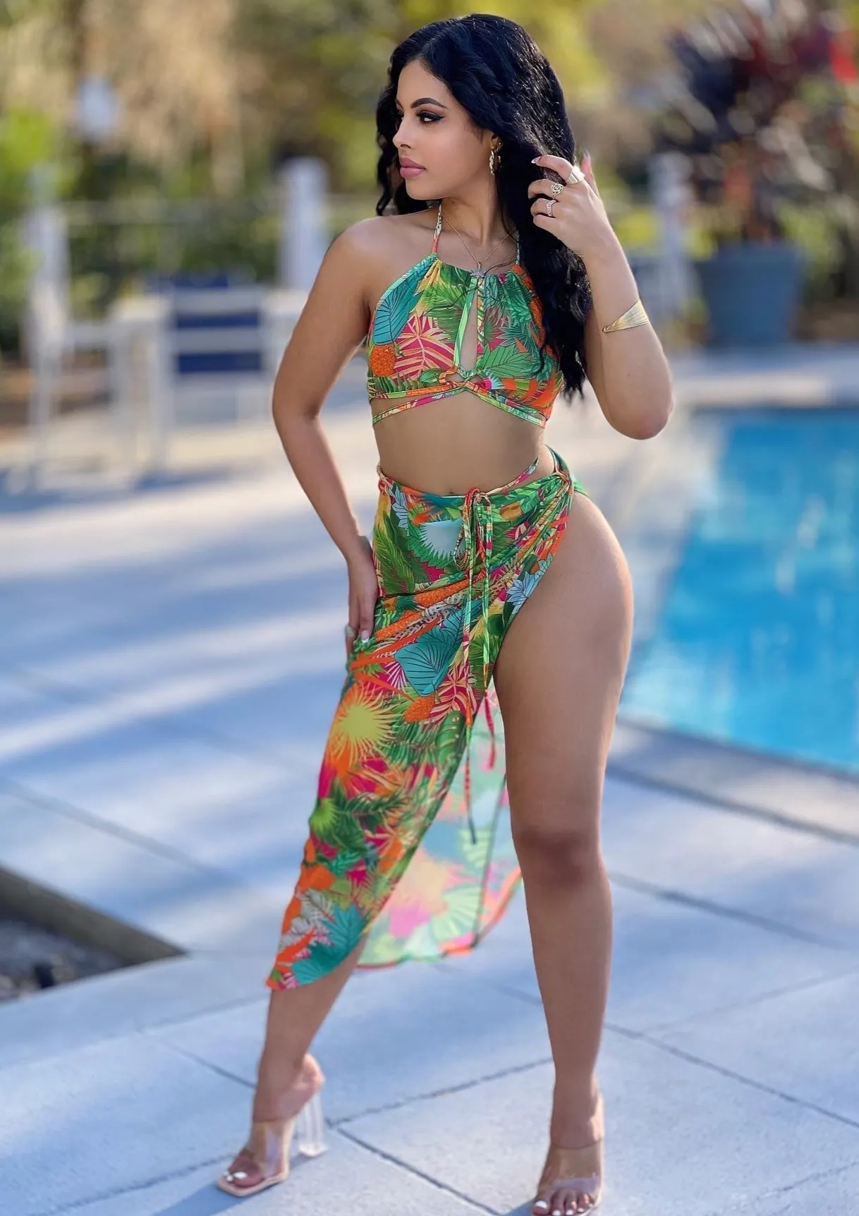 Brooke Tropical Print Bikini And Cover Up Skirt Set