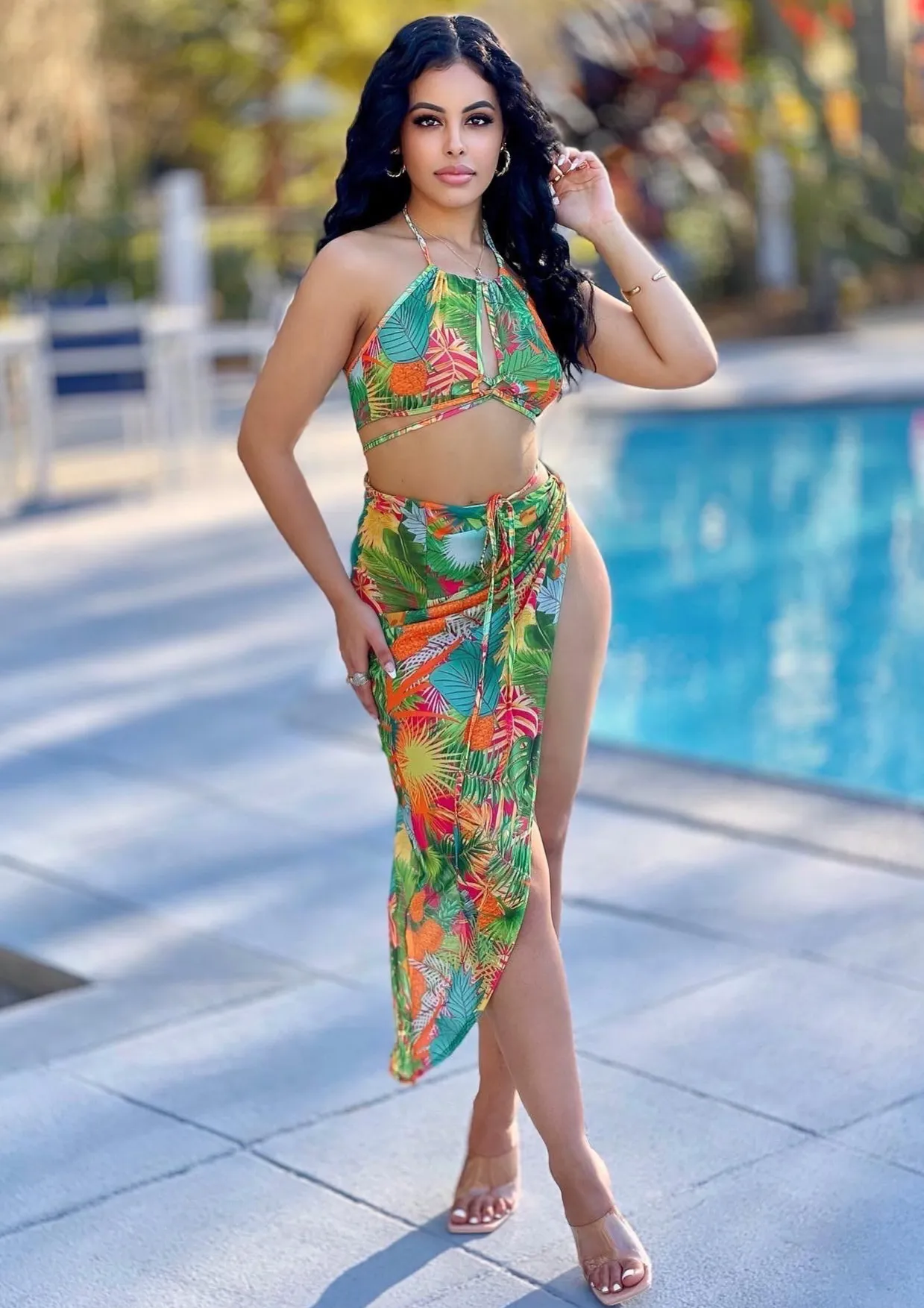 Brooke Tropical Print Bikini And Cover Up Skirt Set