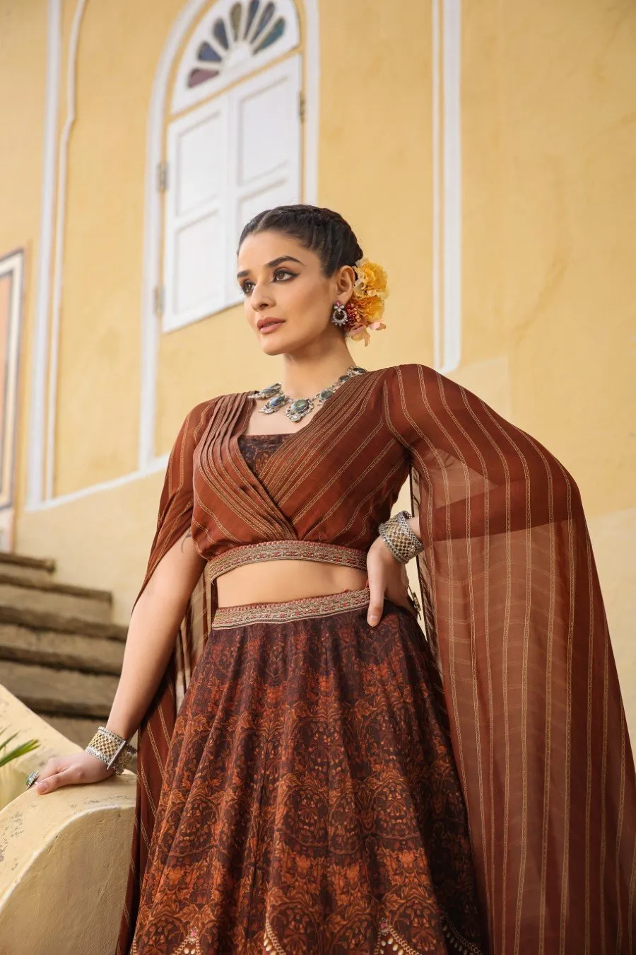 Brown Fusion Styled Skirt with Crop Top