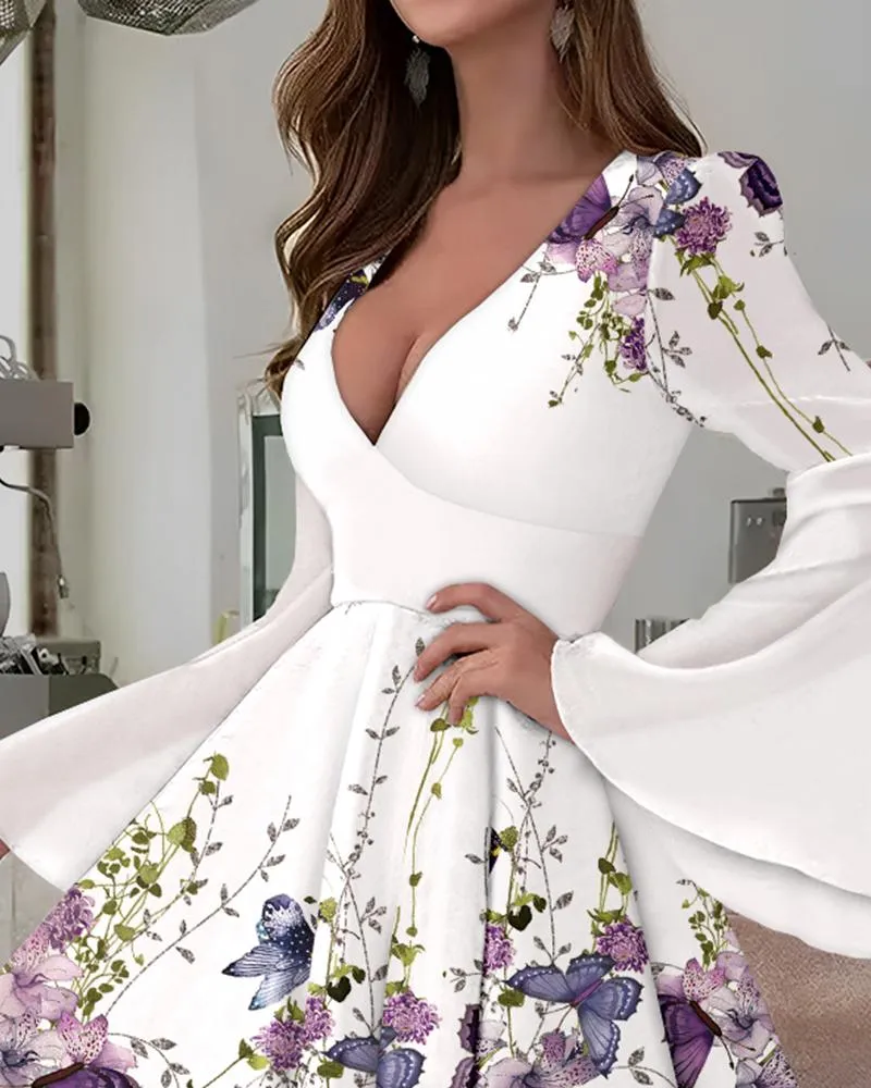 Butterfly Floral Print Bell Sleeve Dress