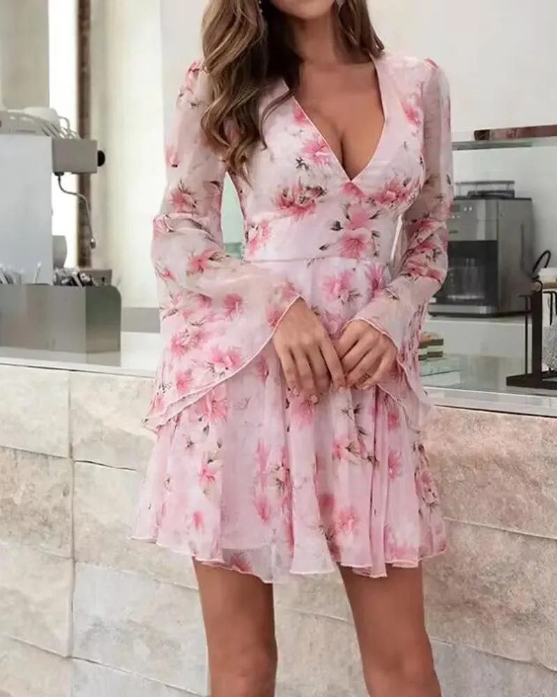 Butterfly Floral Print Bell Sleeve Dress