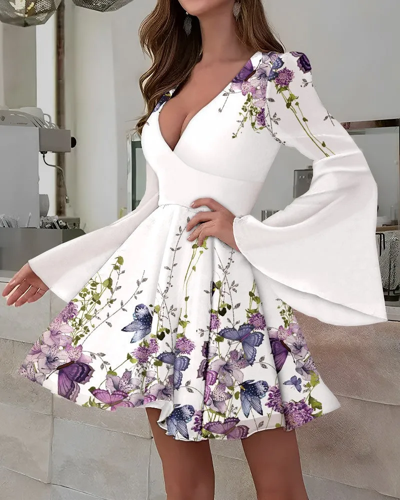 Butterfly Floral Print Bell Sleeve Dress